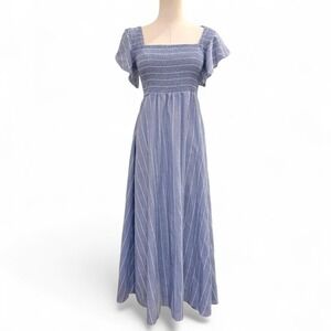 Cottage Core Blue Striped Dress sz M Flutter Sleeve Dainty Soft Girl Boho Spring